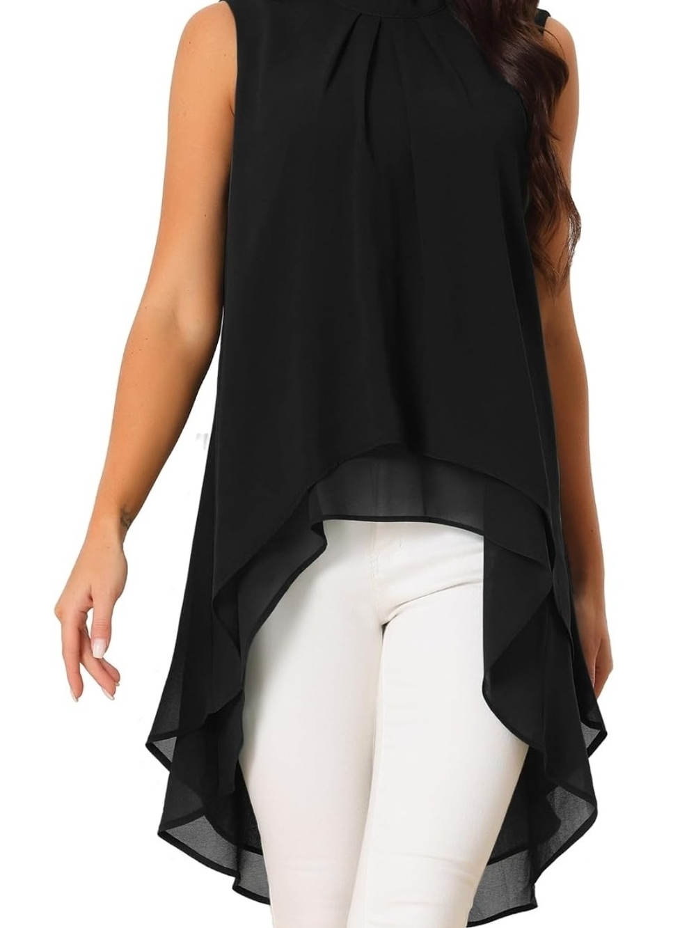 Sleeveless Black High-Low Layered Tunic Top